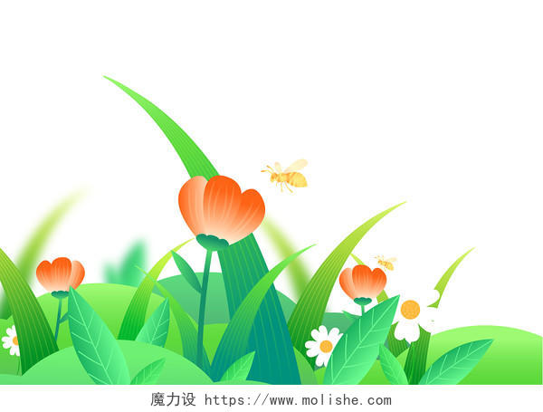 手绘卡通春天植物花草海报边框底部装饰元素